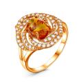 Кольцо из золочёного серебра с коньячным янтарём и фианитами