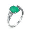 Кольцо из серебра с зелёным агатом и фианитами родированное