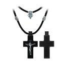 Колье с крестом из дерева граб на текстильном шнурке с элементами из чернёного серебра - «Да воскреснет Бог» Распятие, 5,4 см