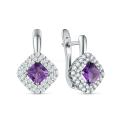 Серьги из серебра с аметистом и фианитами родированные