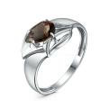 Кольцо из серебра с дымчатым кварцем и фианитами родированное