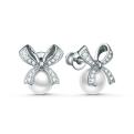Серьги-пусеты из серебра с жемчугом Swarovski и фианитами родированные - Бантики