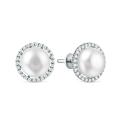 Серьги-пусеты из серебра с культивированным жемчугом и фианитами родированные