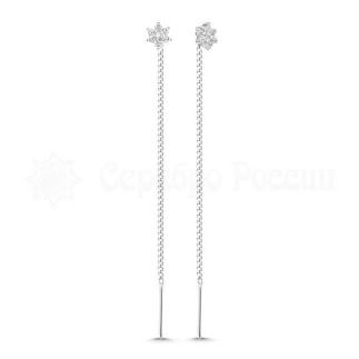 Серьги-продёвки из серебра с фианитами родированные