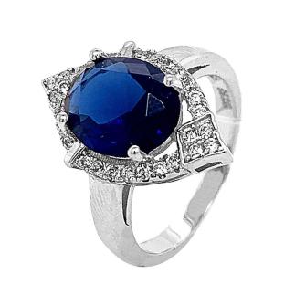 Кольцо из серебра с пл.кварцем цв.сапфир и фианитами родированное