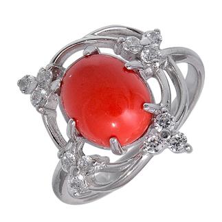 Кольцо из серебра с рек.кораллом и фианитами родированное