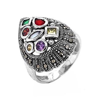Кольцо из серебра с марказитами и фианитами родированное