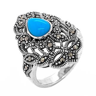 Кольцо из серебра с марказитами и синт.бирюзой родированное