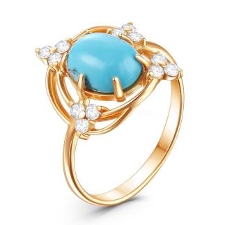 Кольцо из золочёного серебра с реконструированной бирюзой и фианитами