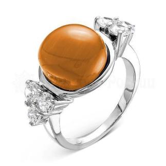 Кольцо из серебра с кварцем кошачий глаз и фианитами родированное