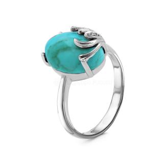 Кольцо из серебра с синт. кораллом и фианитами родированное