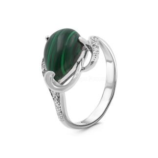 Кольцо из серебра с малахитом и фианитами родированное