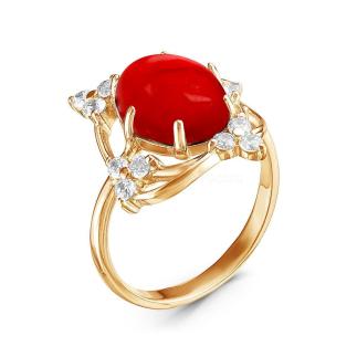 Кольцо из золочёного серебра с кораллом и фианитами