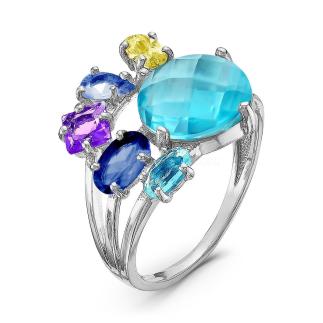 Кольцо из серебра с кварцем и фианитами родированное