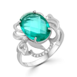 Кольцо из серебра с пл. кварцем и фианитами родированное