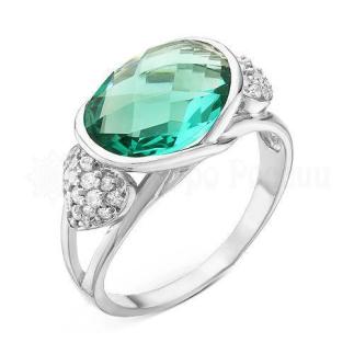 Кольцо из серебра с кварцем цв.парайба и фианитами родированное