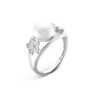 Кольцо  из серебра с жемчугом и фианитами родированное