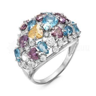 Кольцо из серебра с кварцем и фианитами родированное