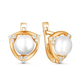 Серьги из золочёного серебра с жемчугом и фианитами