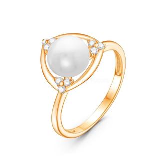 Кольцо  из золочёного серебра с культивированным жемчугом и фианитами