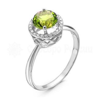 Кольцо из серебра с кварцем хризолит и фианитами родированное