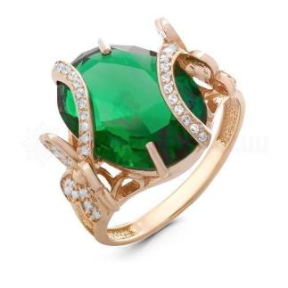 Кольцо из золочёного серебра с кварцем зелёный агат и фианитами