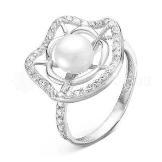 Кольцо из серебра с жемчугом и фианитами родированное