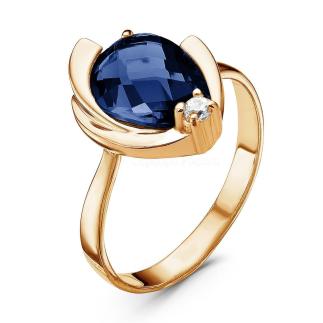 Кольцо из золочёного серебра с пл.кварцем цв.сапфир и фианитом