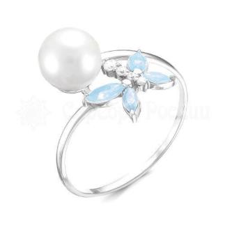 Кольцо из серебра с кварцем топаз, жемчугом Swarovski и фианитами родированное
