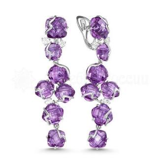 Серьги из серебра с кварцем аметист и фианитами родированные