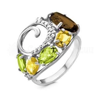 Кольцо из серебра хризолитом, цитрином, раухтопазом и цирконием родированное