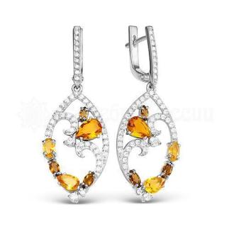 Серьги из серебра с кварцем и фианитами родированные