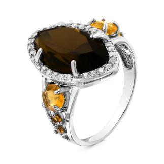 Кольцо из серебра с пл.кварцем цв.раухтопаз, цв.цитрин и фианитами родированное