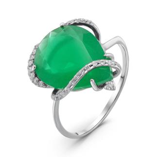 Кольцо из серебра с пл.кварцем цв.зелёный агат и куб.циркония родированное