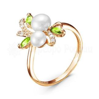 Кольцо из золочёного серебра с кварцем хризолит, жемчугом и фианитами