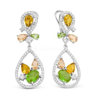 Серьги из серебра с пл.кварцем цв.цитрин, хризолит, шампань и фианитами родированные