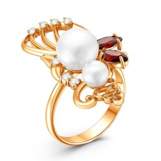 Кольцо из золочёного серебра с ситалом цвета гнранат, жемчугом и цирконием