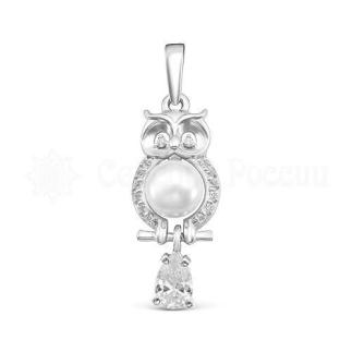Подвеска из серебра с жемчугом и фианитами Сова родированная
