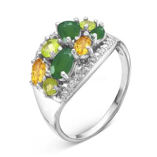 Кольцо из родированного серебра с пл. кварцами изумруд, цитрин, хризолит и фианитами