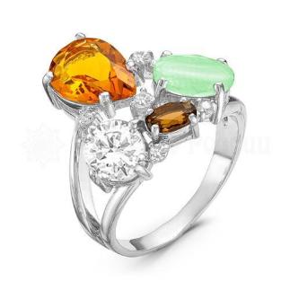 Кольцо из серебра с миксом кварцев и фианитами родированное