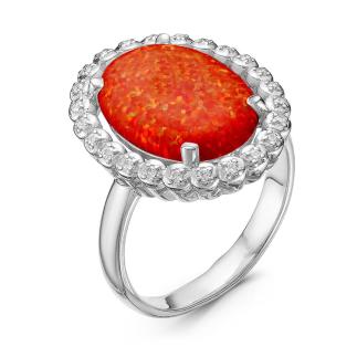 Кольцо из серебра с синт. опалом и фианитами родированное