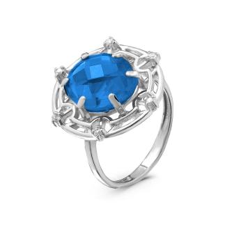 Кольцо из серебра с пл.кварцем цв.сапфир и фианитами родированное