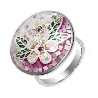 Кольцо из серебра с перламутром, эмалью и цирконием родированное
