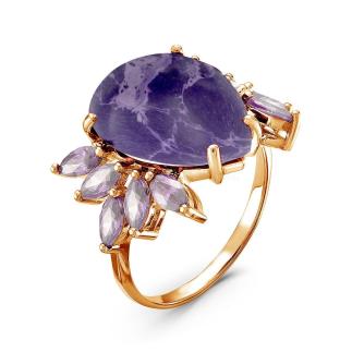 Кольцо из золочёного серебра с рек.чароитом и пл.кварцем цв.аметист