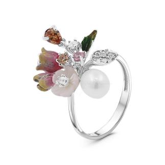 Кольцо из серебра с эмалью, перламутром, жемчугом речным культ. и куб.цирконием родированное