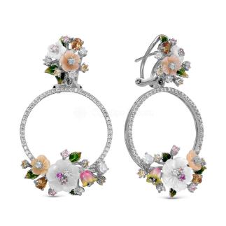 Серьги из родированного серебра с эмалью, перламутром, юв.стеклом и кубическим цирконием