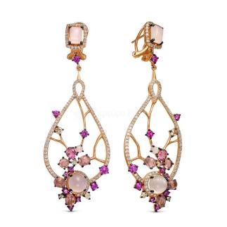 Серьги из золоченого серебра с лунным камнем, юв. стеклом и кубическим цирконием