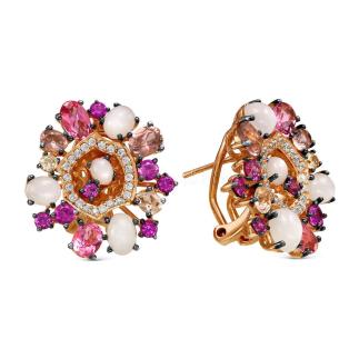 Серьги из золочёного серебра с лунным камнем, ювелирным стеклом и кубическим цирконием