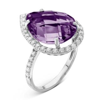 Кольцо из серебра с пл.кварцем цв.аметист и фианитами родированное