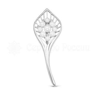 Брошь из серебра с жемчугом Swarovski и фианитами родированная